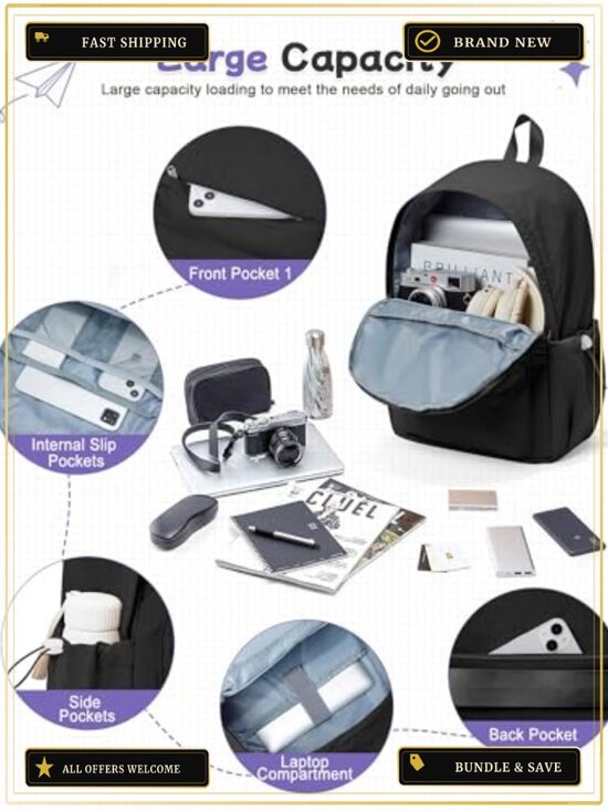 Water-Resistant Nylon Backpack with 14 Laptop Sleeve for School College Commute main image 5